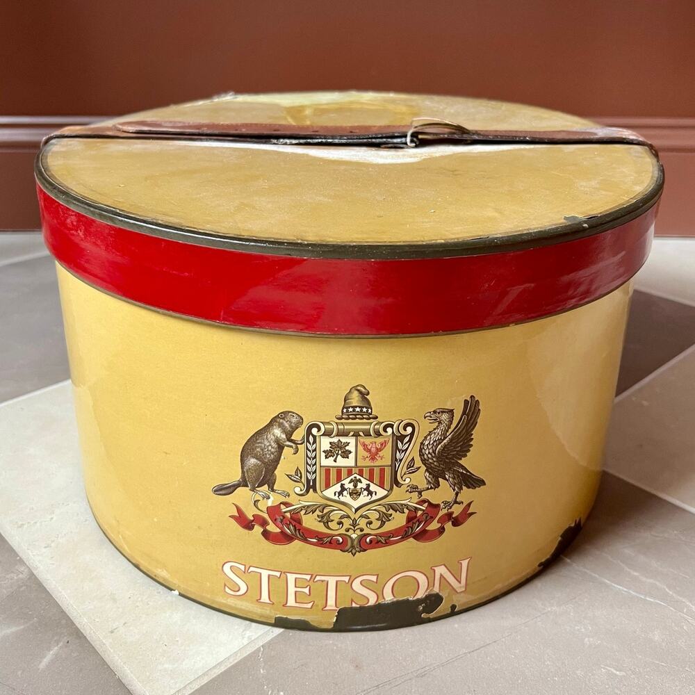 Vintage 1950s Stetson Travel Hat Case Leather Strap Western Cowboy Hat Box Decor